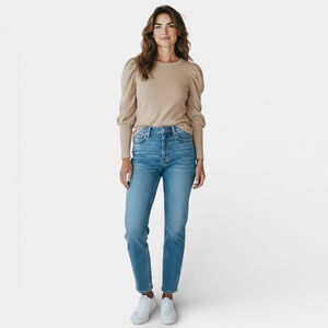 Zara Tan Pleated Puff Long Sleeve Ribbed Sweater Casual Top Women Size L